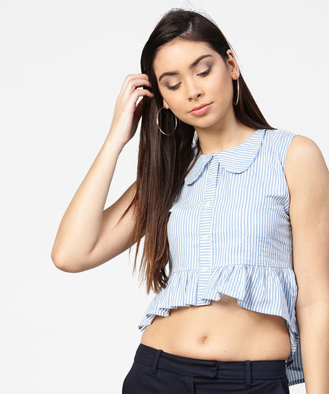 Blue striped cotton sleeveless front open top