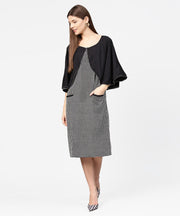 Black check printed flared sleeve double pocket dress