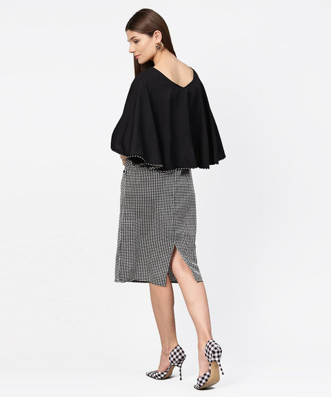 Black check printed flared sleeve double pocket dress