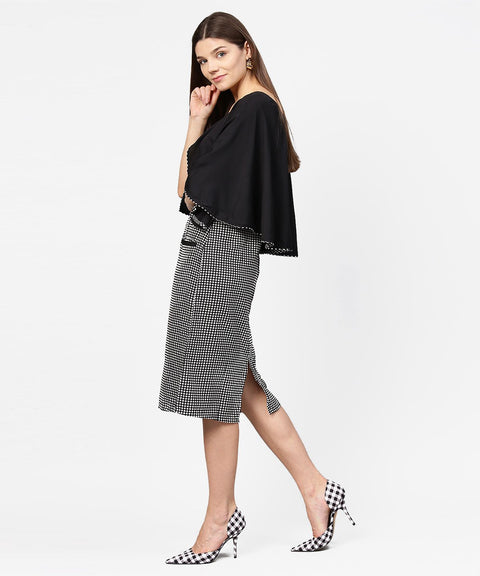 Black check printed flared sleeve double pocket dress