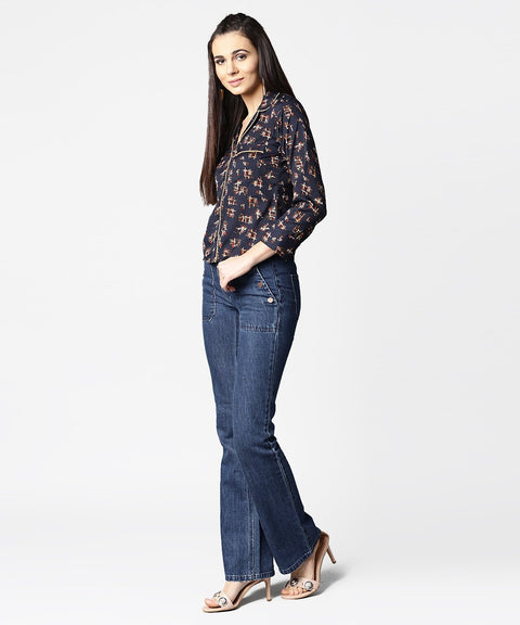 Navy blue front placket printed top with notched collar & full sleeve