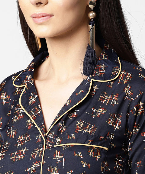 Navy blue front placket printed top with notched collar & full sleeve