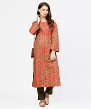 Red printed Long sleeve cold shoulder cotton kurta with green ankle length palazzo
