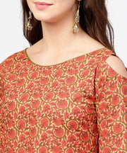 Red printed Long sleeve cold shoulder cotton kurta with green ankle length palazzo