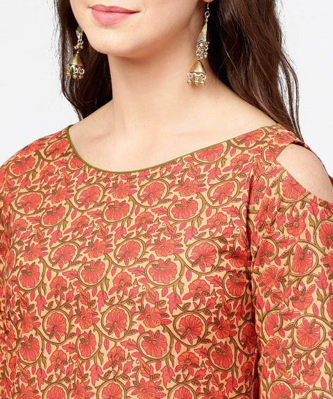 Red printed Long sleeve cold shoulder cotton kurta with green ankle length palazzo