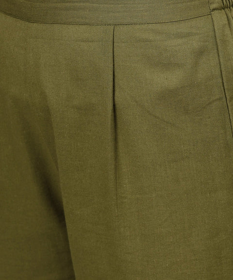 Red printed Long sleeve cold shoulder cotton kurta with green ankle length palazzo