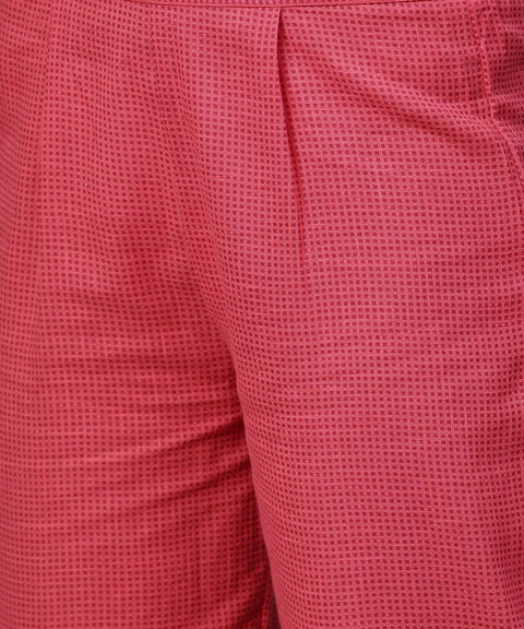 Off white printed full sleeve cotton anarkali kurta with pink ankle length palazzo