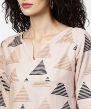 Beige printed long flared sleeve straight cotton kurta with black ankle length flared palazzo