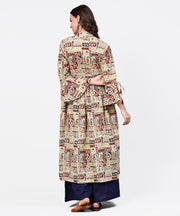 Beige full sleeve cotton anarkali kurta with blue flared ankle length palazzo