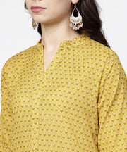 Yellow 3/4th sleeve printed cotton straight kurta green ankle length pallazo