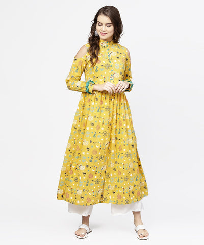 Yellow printed 3/4th cold shoulder sleeve cotton kurta