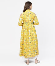 Yellow printed 3/4th cold shoulder sleeve cotton kurta