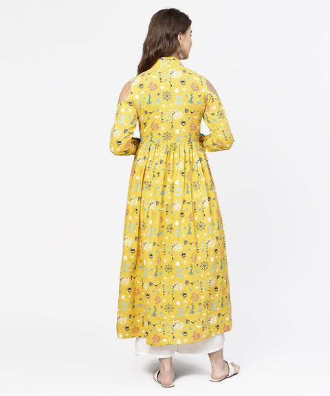 Yellow printed 3/4th cold shoulder sleeve cotton kurta