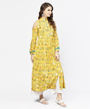 Yellow printed 3/4th cold shoulder sleeve cotton kurta