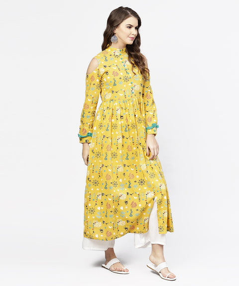 Yellow printed 3/4th cold shoulder sleeve cotton kurta
