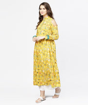 Yellow printed 3/4th cold shoulder sleeve cotton kurta