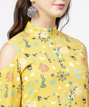 Yellow printed 3/4th cold shoulder sleeve cotton kurta