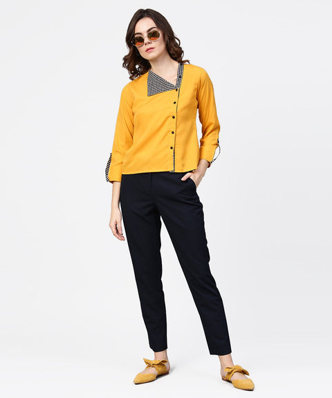 Yellow full sleeve crepe front open tops