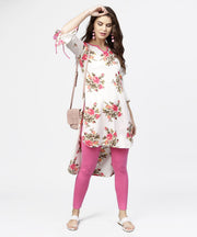Off white flower print 3/4th sleeve crepe low high kurta