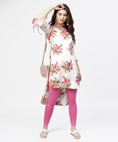 Off white flower print 3/4th sleeve crepe low high kurta