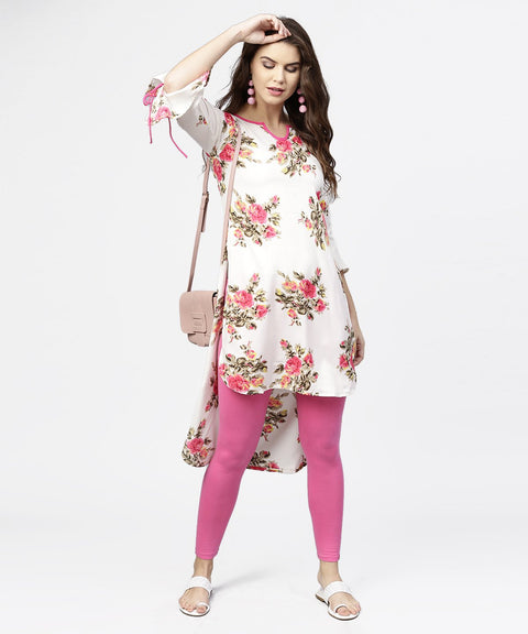 Off white flower print 3/4th sleeve crepe low high kurta