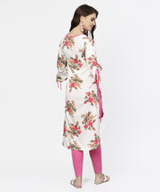 Off white flower print 3/4th sleeve crepe low high kurta