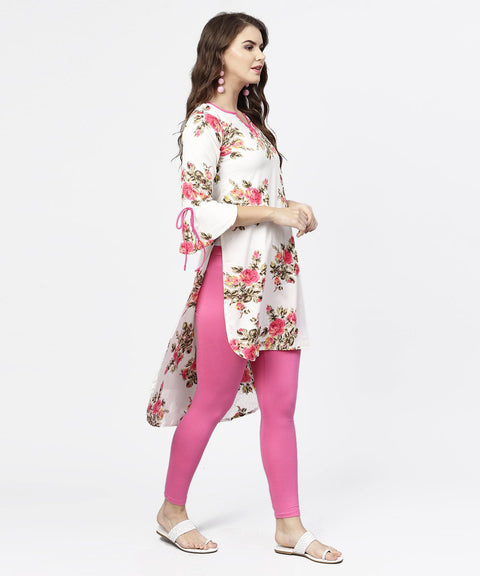 Off white flower print 3/4th sleeve crepe low high kurta