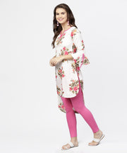 Off white flower print 3/4th sleeve crepe low high kurta