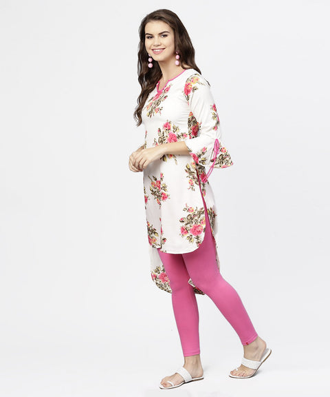 Off white flower print 3/4th sleeve crepe low high kurta
