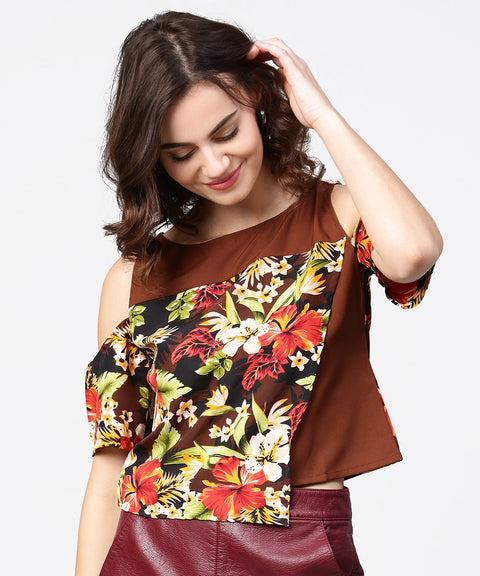 Coffee brown printed short cold shoulder crepe tops
