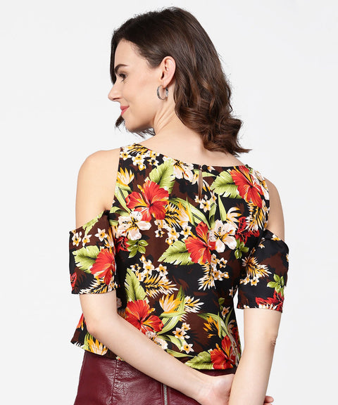 Coffee brown printed short cold shoulder crepe tops