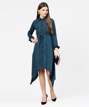 Blue full sleeve crepe front open dress with front pocket and belt
