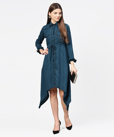 Blue full sleeve crepe front open dress with front pocket and belt
