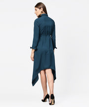 Blue full sleeve crepe front open dress with front pocket and belt