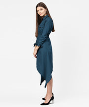 Blue full sleeve crepe front open dress with front pocket and belt