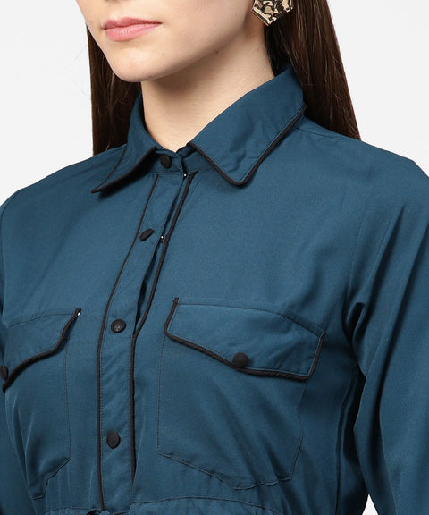 Blue full sleeve crepe front open dress with front pocket and belt