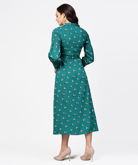 Blue printed full sleeve maxi dress with belt