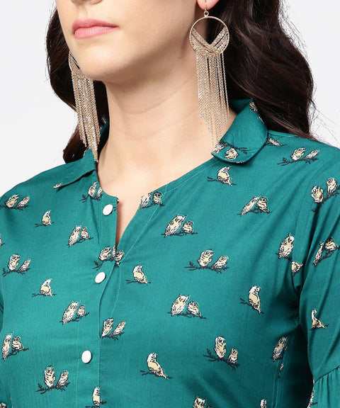 Blue printed full sleeve maxi dress with belt