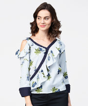 Blue striped 3/4th sleeve cold shoulder ruffle top