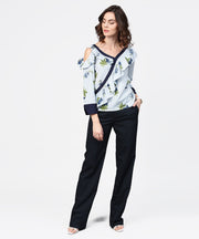 Blue striped 3/4th sleeve cold shoulder ruffle top