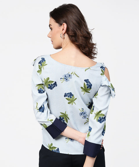 Blue striped 3/4th sleeve cold shoulder ruffle top