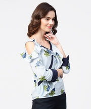 Blue striped 3/4th sleeve cold shoulder ruffle top