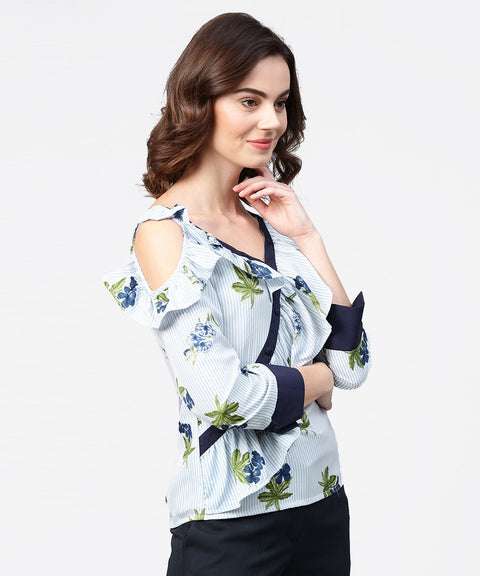 Blue striped 3/4th sleeve cold shoulder ruffle top