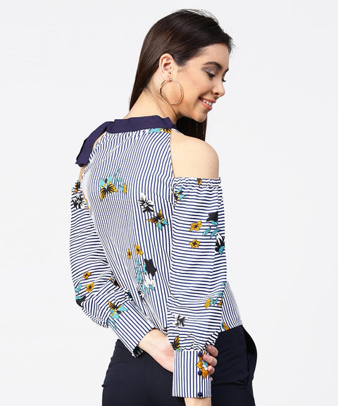 Blue striped flower print full sleeve cold shoulder top
