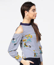 Blue striped flower print full sleeve cold shoulder top