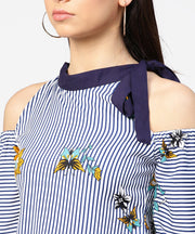 Blue striped flower print full sleeve cold shoulder top