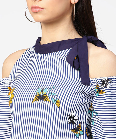Blue striped flower print full sleeve cold shoulder top