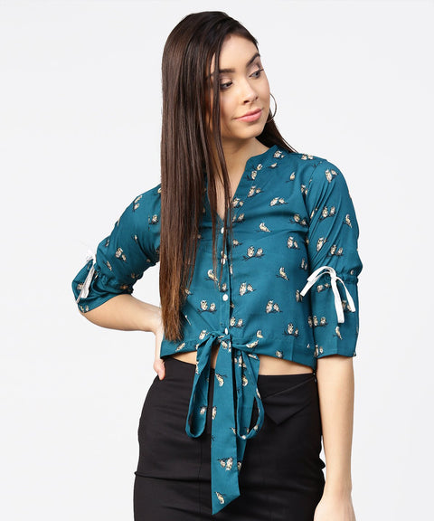 Teal blue 3/4th sleeve front open crop top with dori & Belt