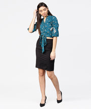 Teal blue 3/4th sleeve front open crop top with dori & Belt