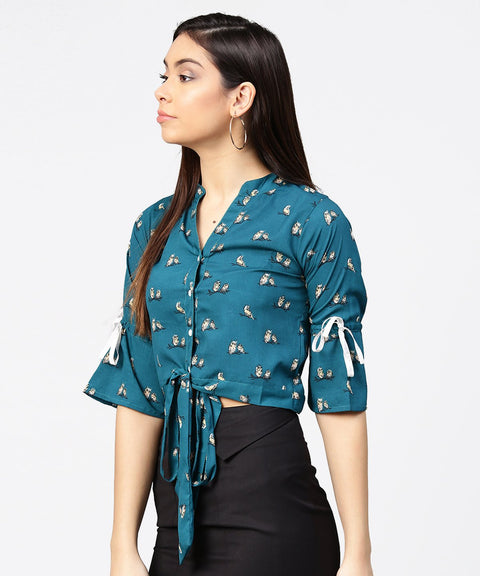 Teal blue 3/4th sleeve front open crop top with dori & Belt